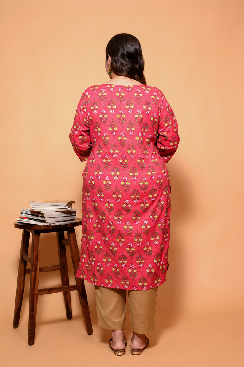 Dark Pink and Yellow Small Floral Printed Cotton Kurti