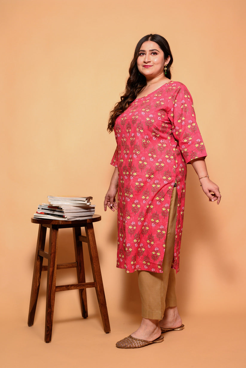 Dark Pink and Yellow Small Floral Printed Cotton Kurti