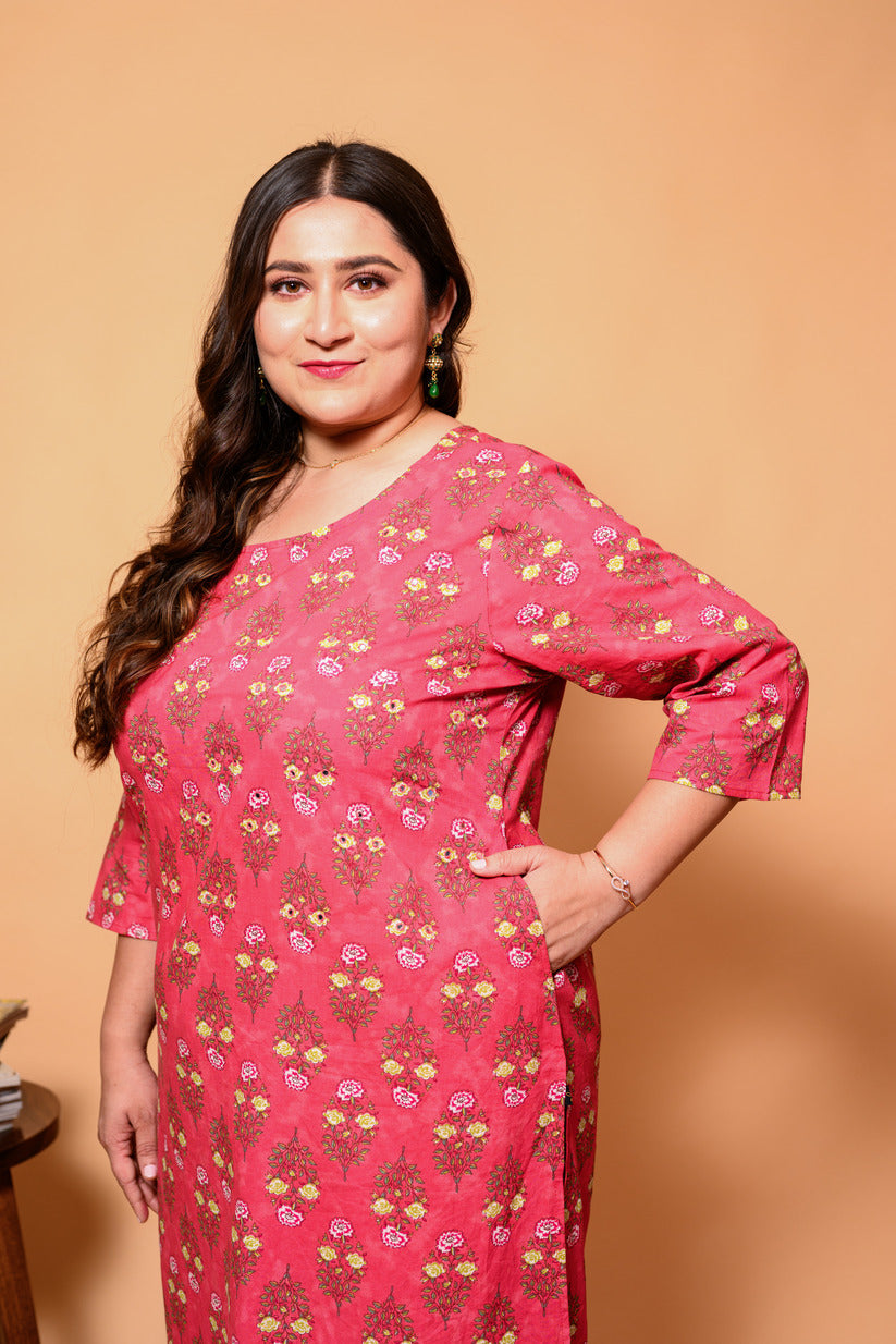 Dark Pink and Yellow Small Floral Printed Cotton Kurti