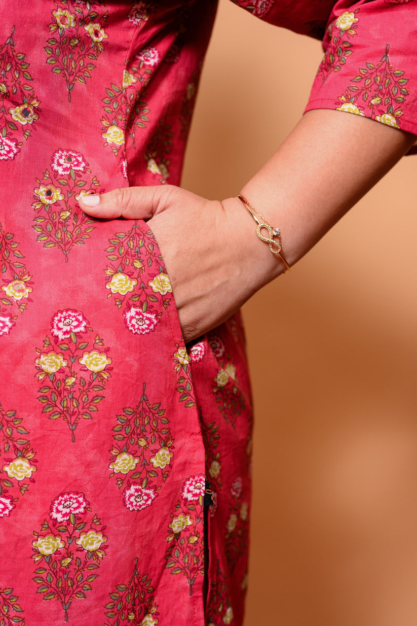 Dark Pink and Yellow Small Floral Printed Cotton Kurti