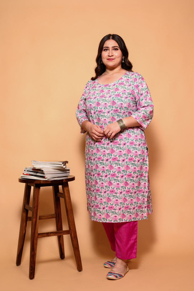 Light Pink Floral Printed Cotton Kurti