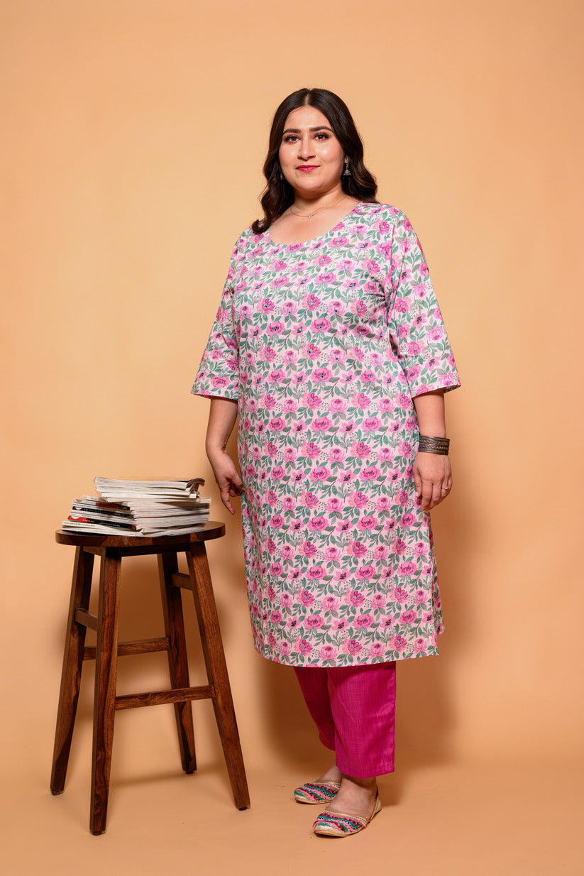 Light Pink Floral Printed Cotton Kurti