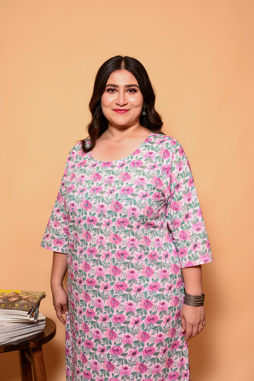 Light Pink Floral Printed Cotton Kurti