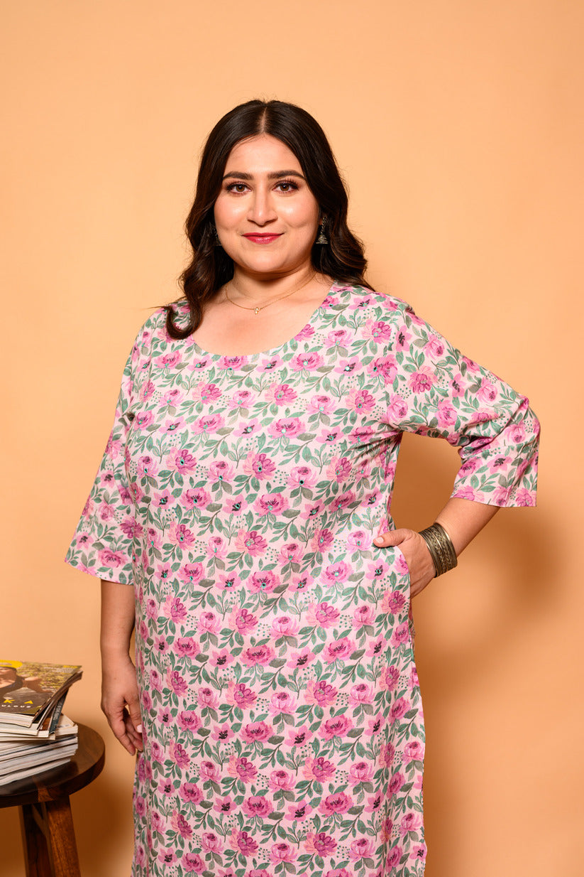 Light Pink Floral Printed Cotton Kurti