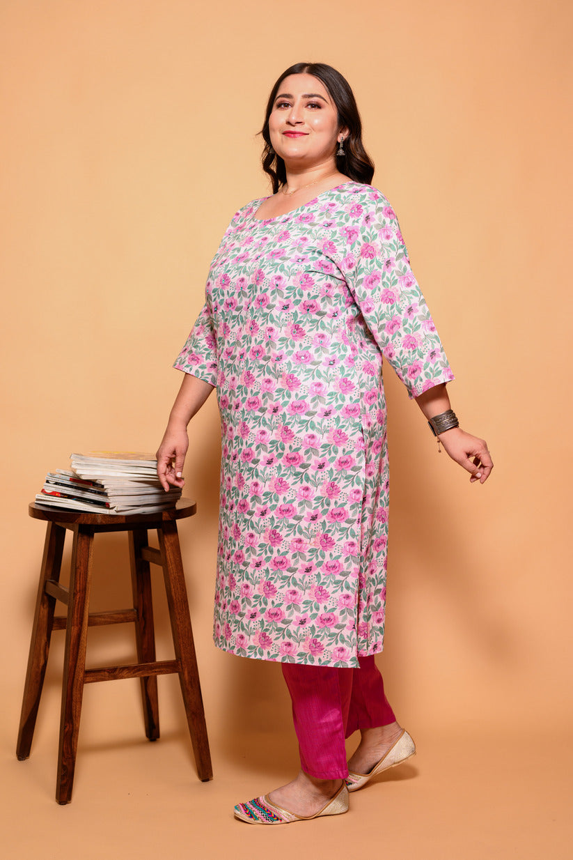 Light Pink Floral Printed Cotton Kurti