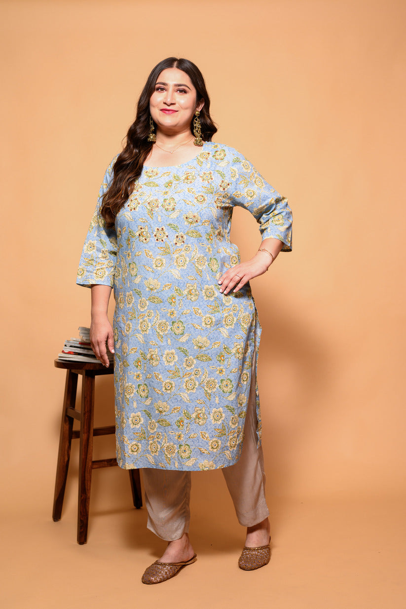 Sky Blue and Yellow Floral Printed Cotton Kurti