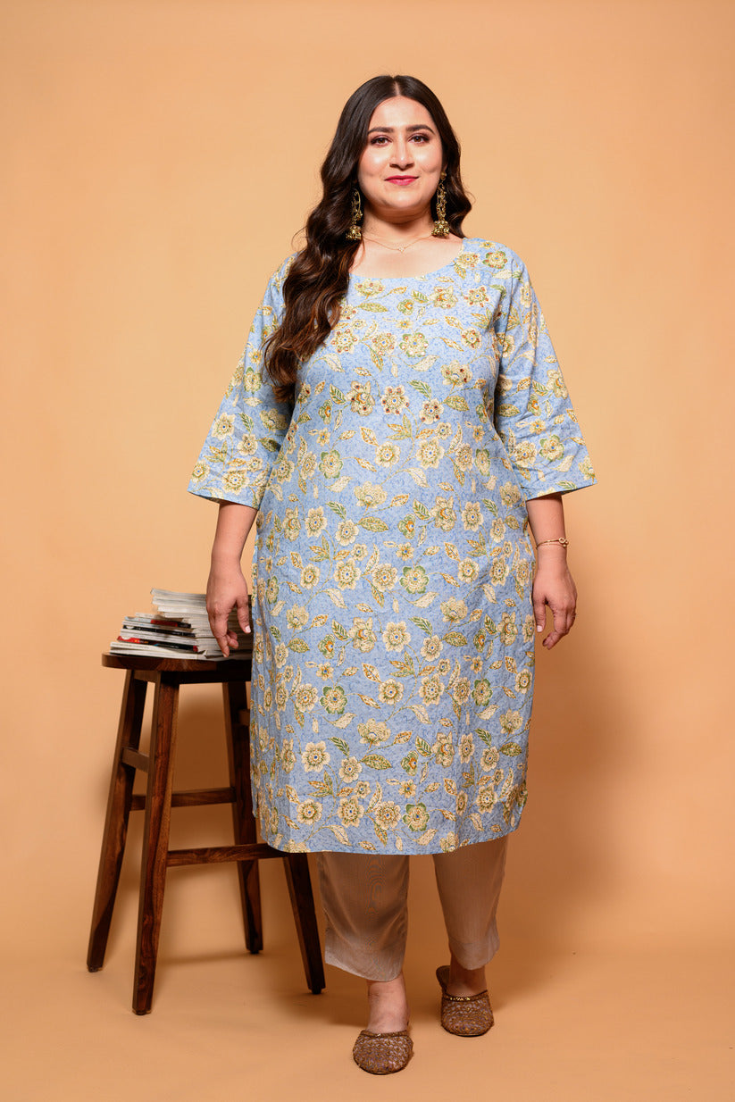 Sky Blue and Yellow Floral Printed Cotton Kurti