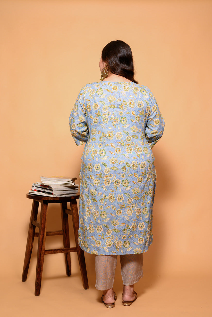 Sky Blue and Yellow Floral Printed Cotton Kurti