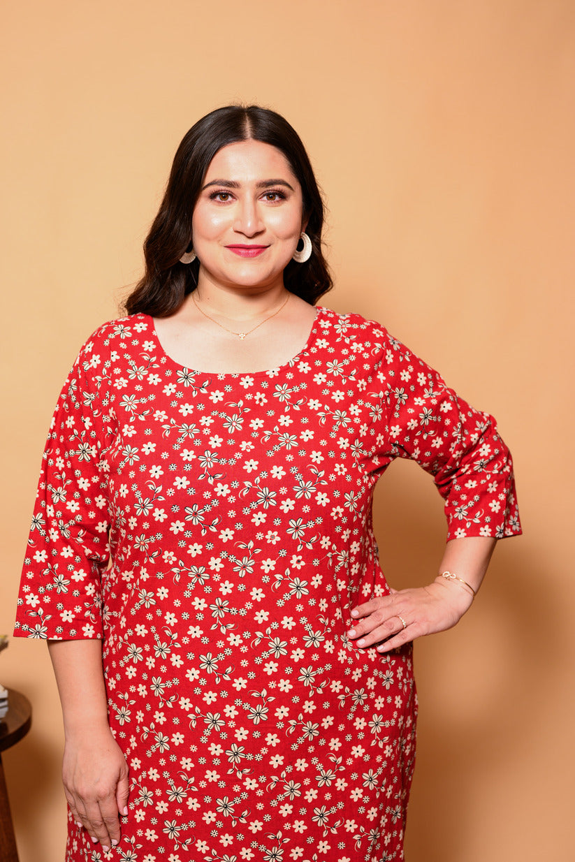 Red and White Small Floral Printed Cotton Kurti