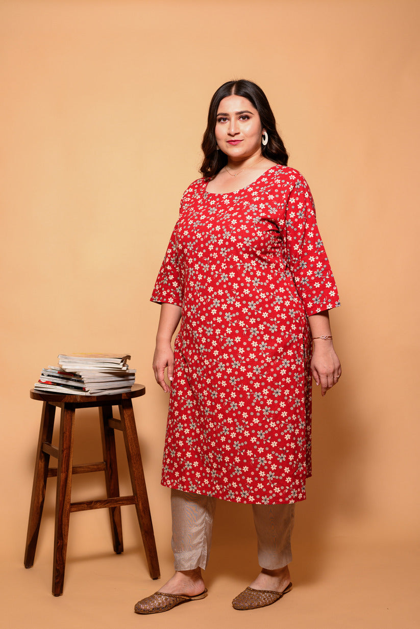 Red and White Small Floral Printed Cotton Kurti