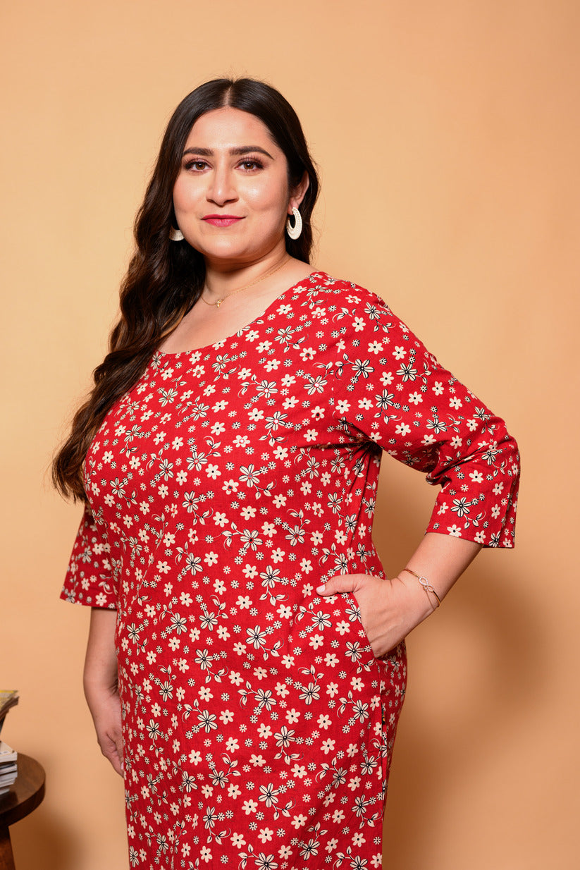 Red and White Small Floral Printed Cotton Kurti