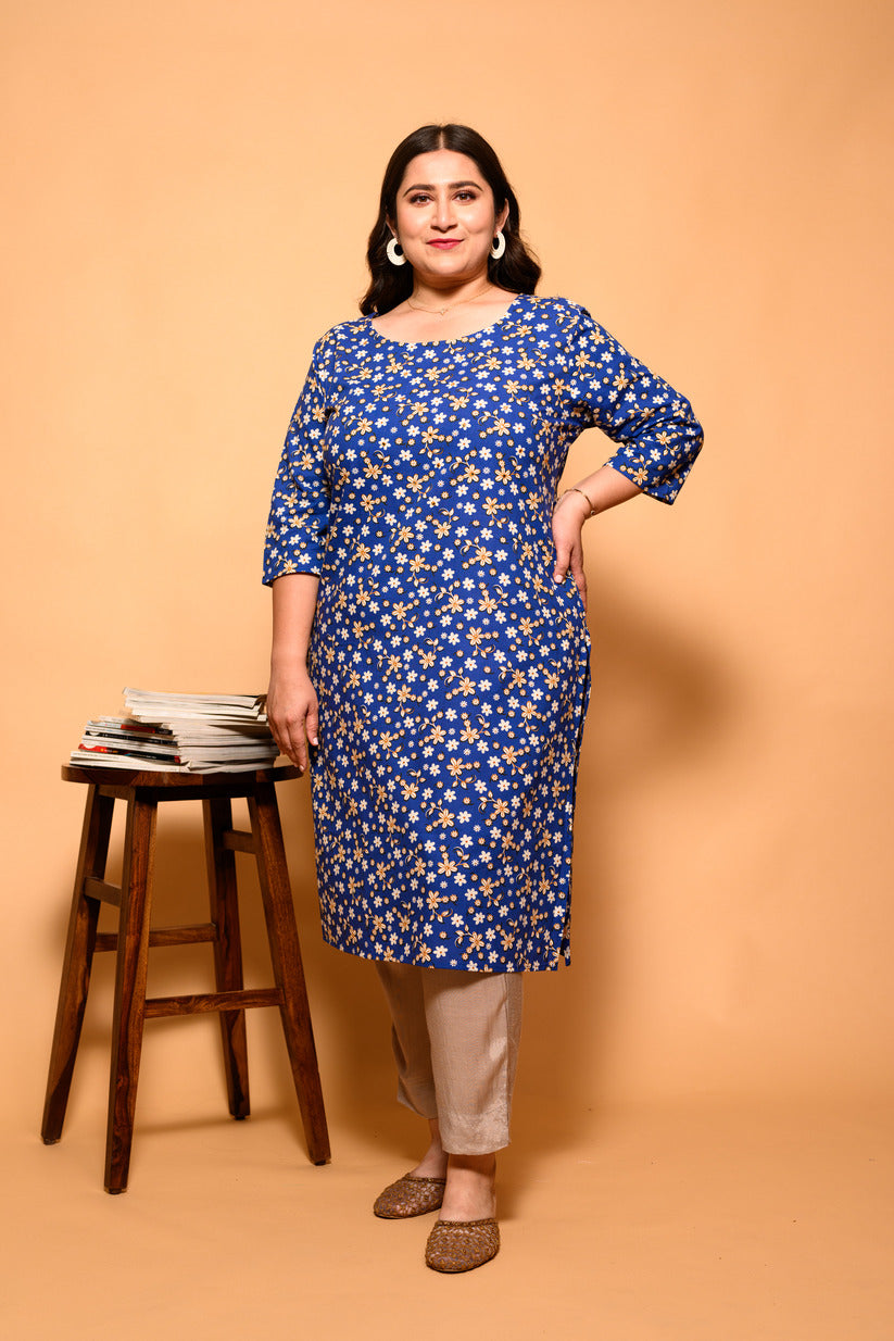 Blue and White Small Floral Printed Cotton Kurti