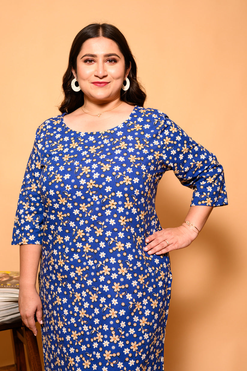 Blue and White Small Floral Printed Cotton Kurti