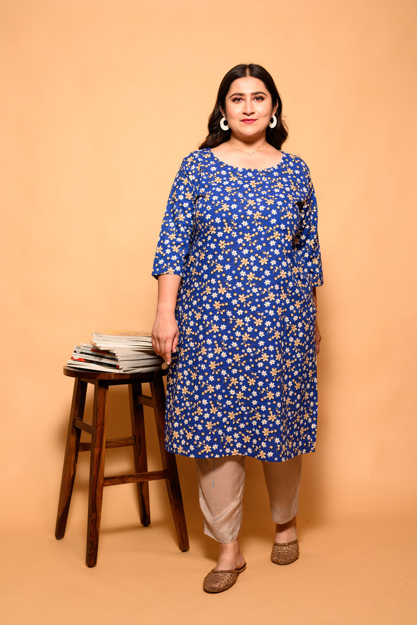 Blue and White Small Floral Printed Cotton Kurti