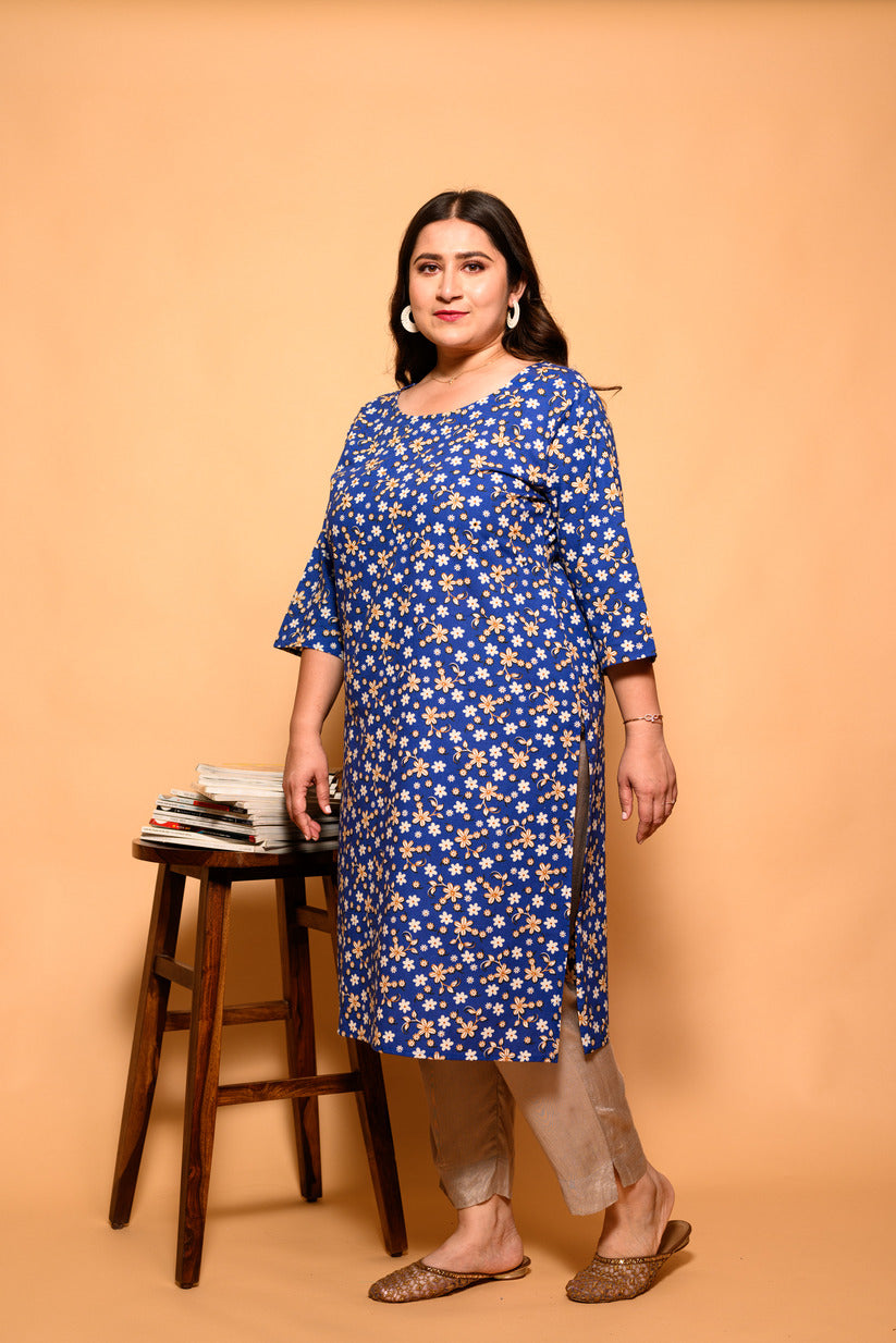 Blue and White Small Floral Printed Cotton Kurti