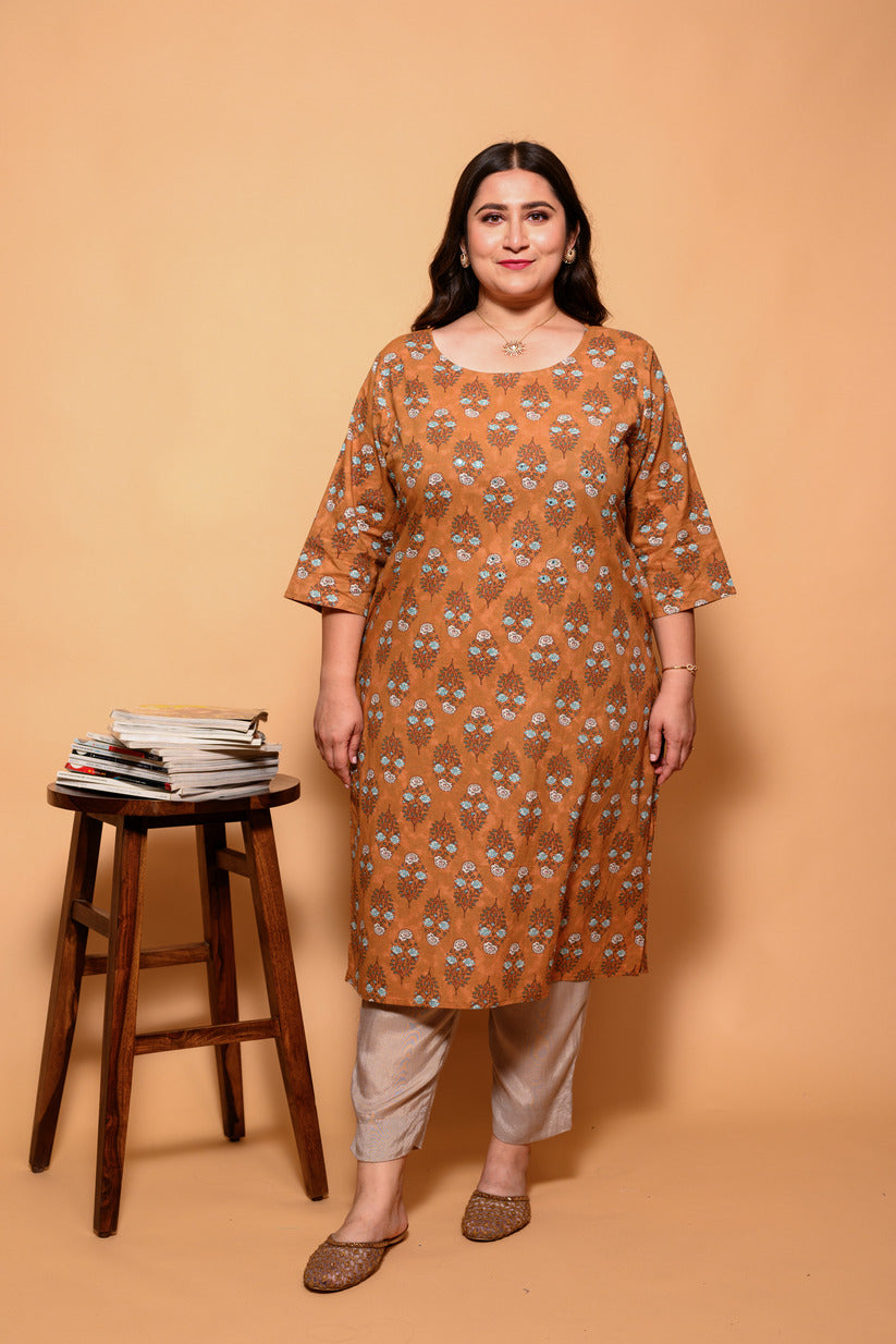 Brown and Sky Blue Small Floral Printed Cotton Kurti