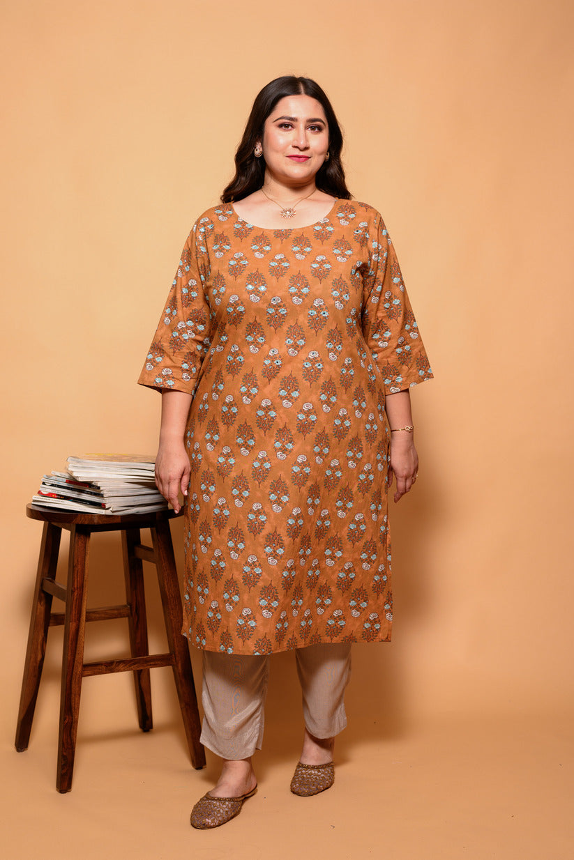 Brown and Sky Blue Small Floral Printed Cotton Kurti