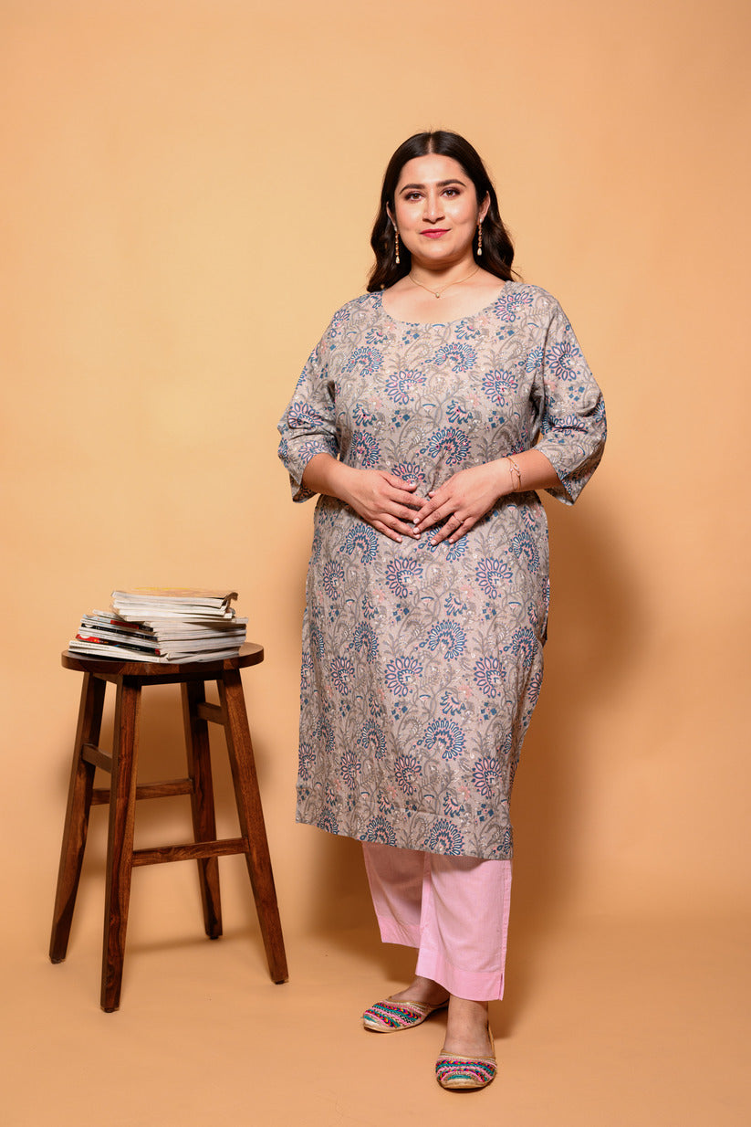 Light Grey and Pink Floral Printed Cotton Kurti