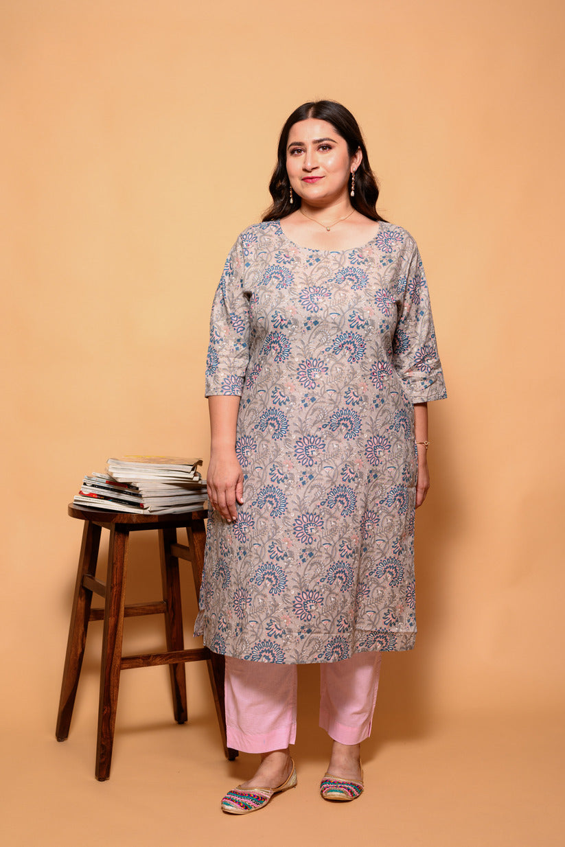 Light Grey and Pink Floral Printed Cotton Kurti