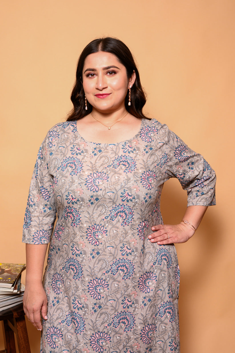 Light Grey and Pink Floral Printed Cotton Kurti