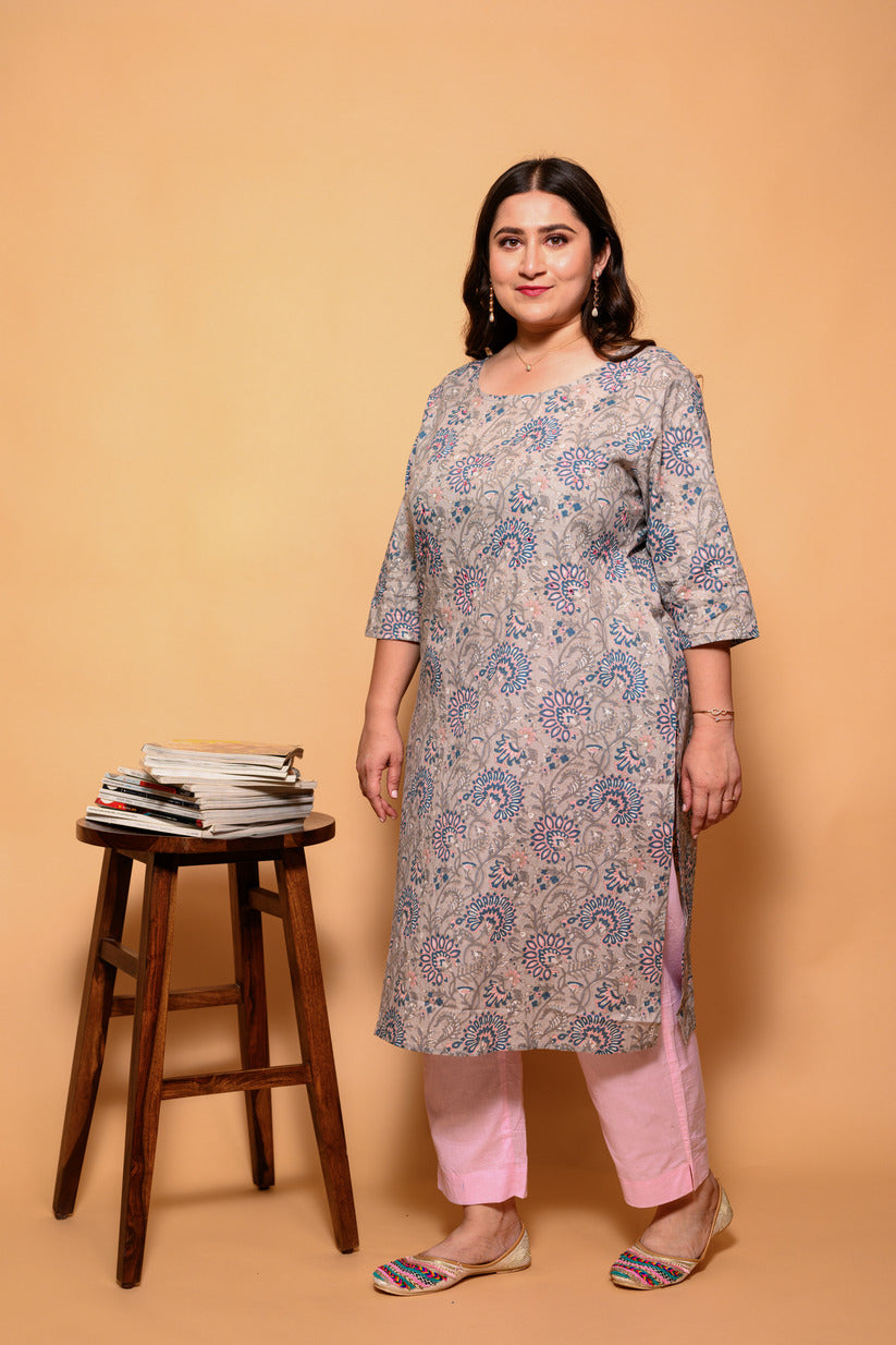 Light Grey and Pink Floral Printed Cotton Kurti