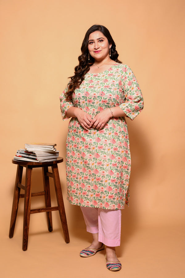 Cream and Pink Floral Printed Cotton Kurti