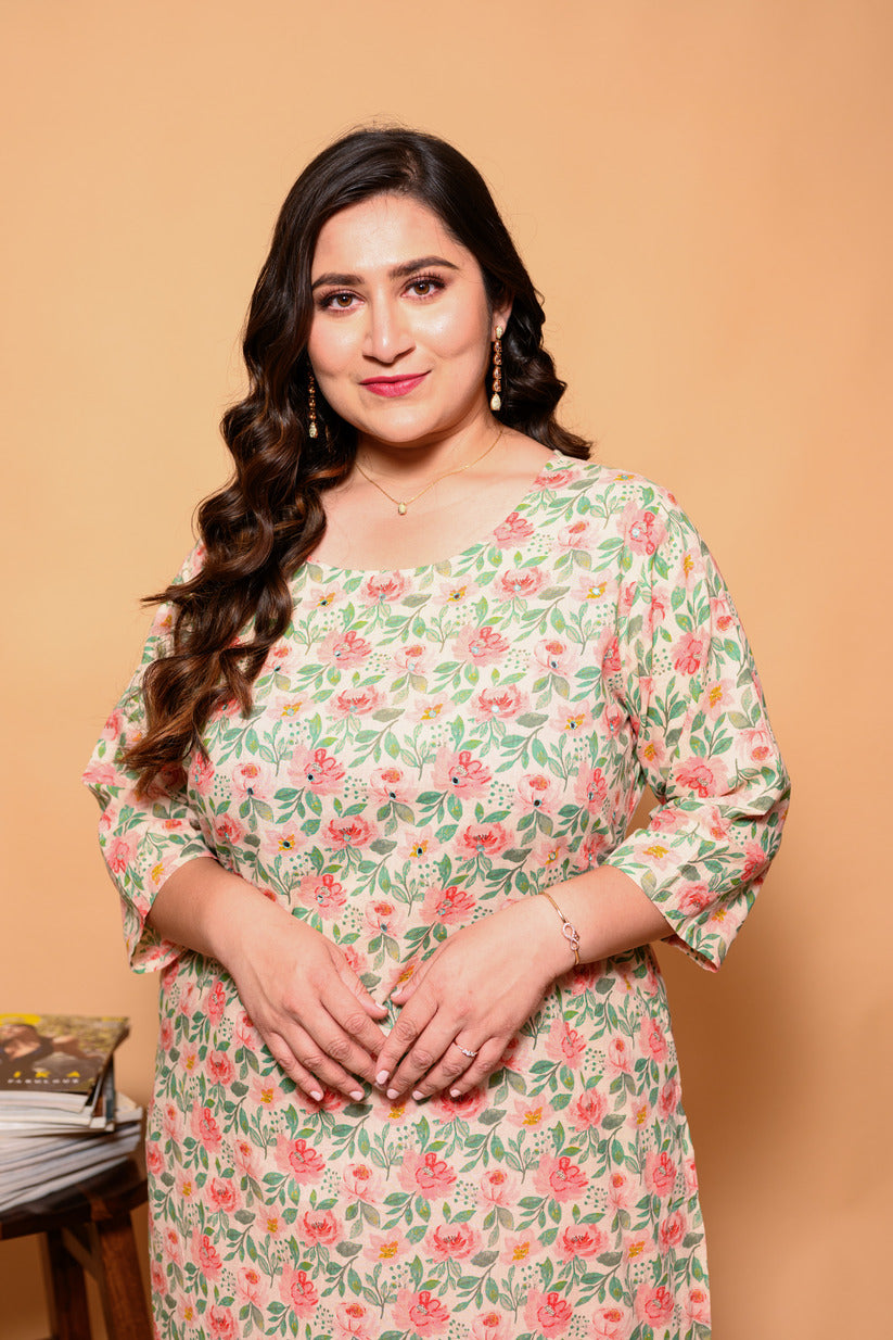 Cream and Pink Floral Printed Cotton Kurti