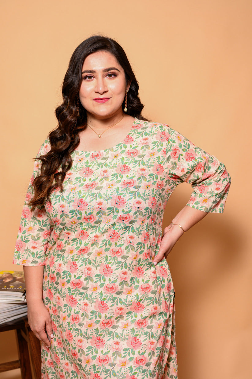 Cream and Pink Floral Printed Cotton Kurti