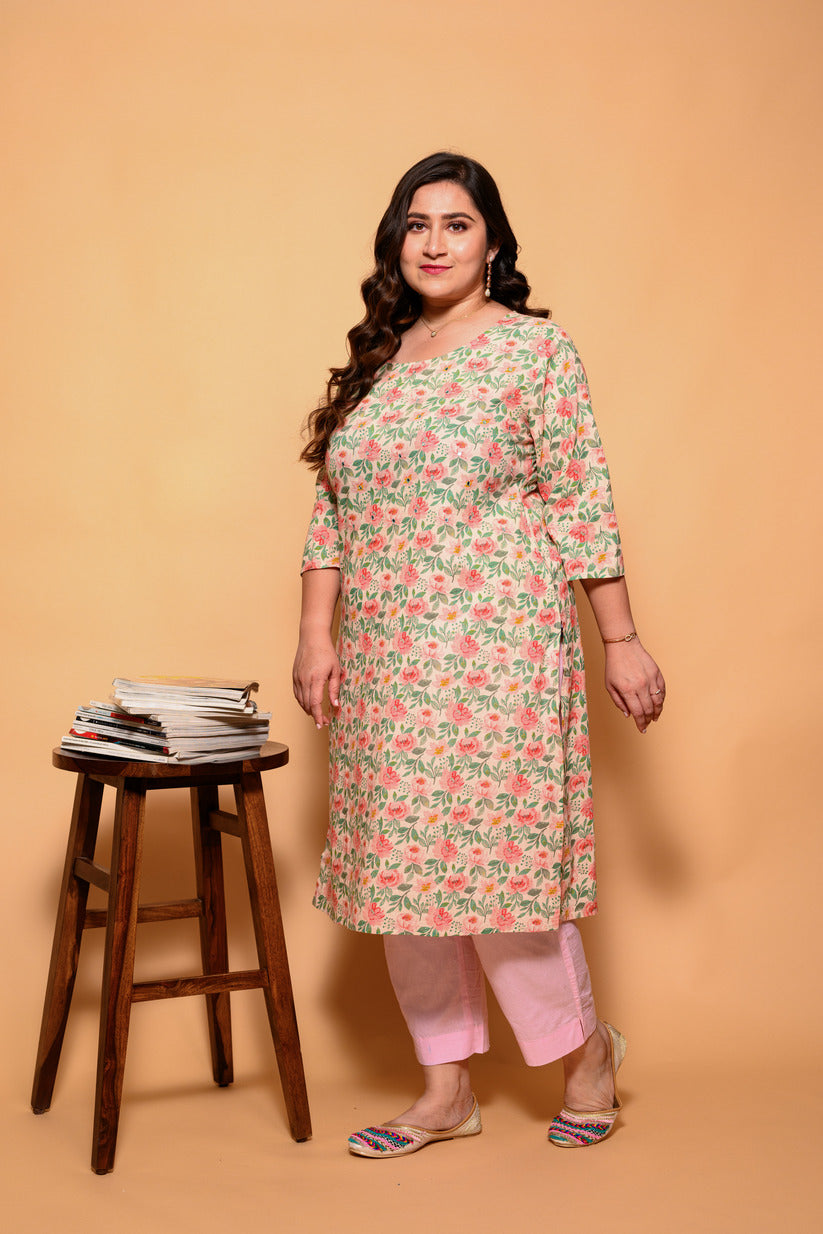 Cream and Pink Floral Printed Cotton Kurti