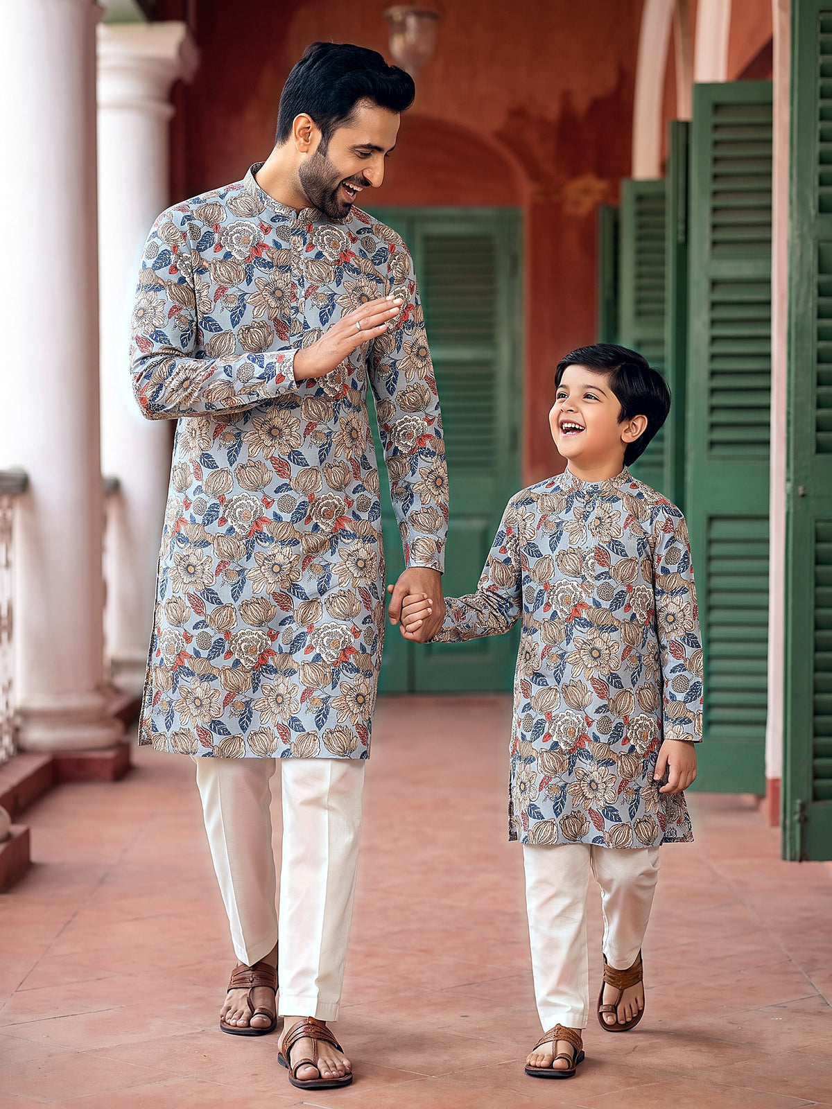 Baap Beta grey floral kurtas candid