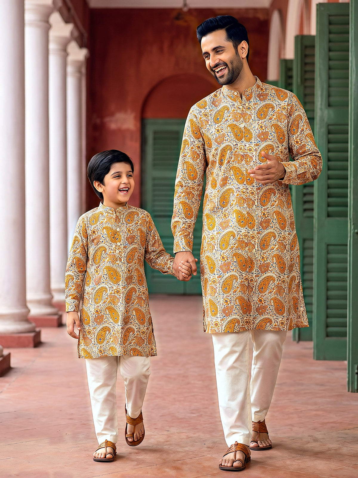 Baap Beta Collection by Gatim mustard yellow paisley father son kurta set, candid