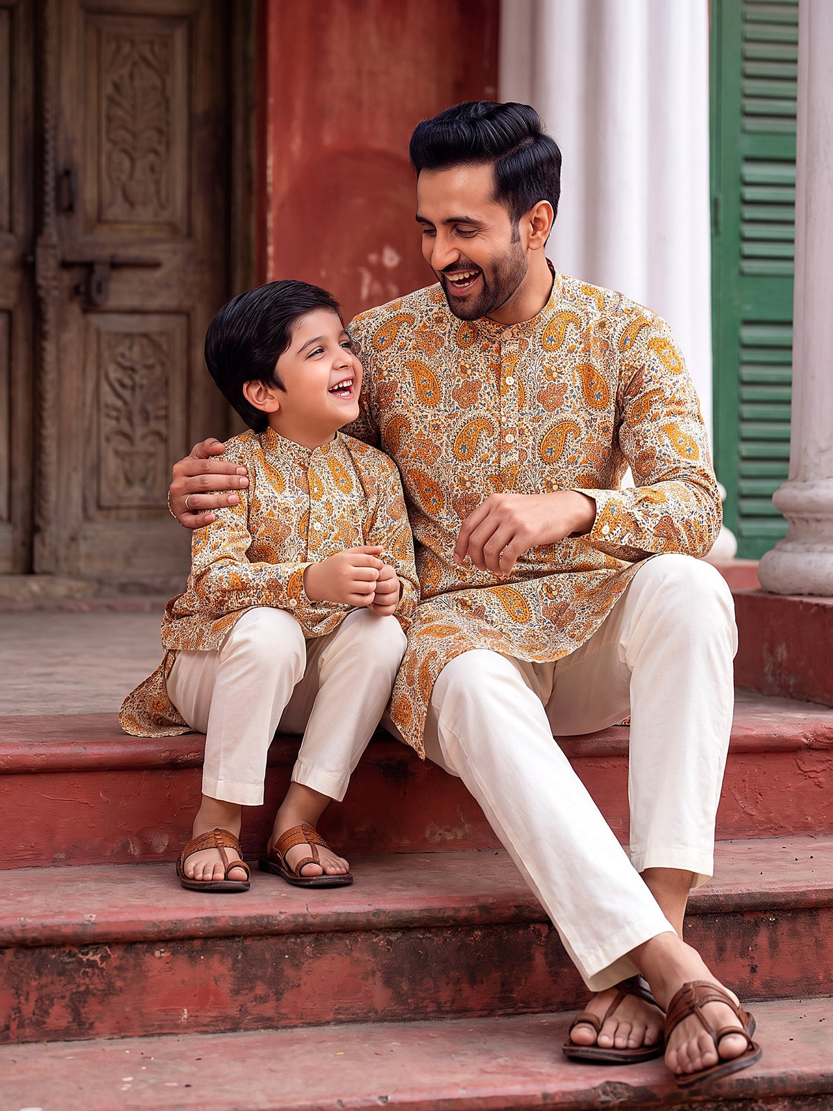 Baap Beta Collection by Gatim mustard yellow paisley father son kurta set, together