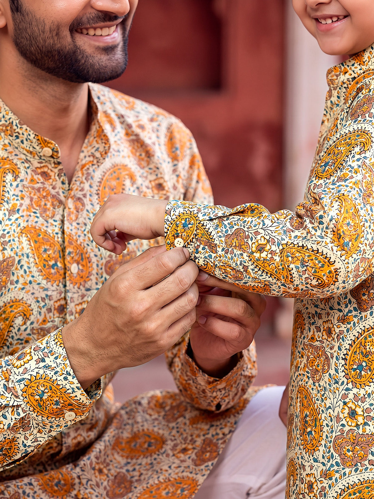 Baap Beta Collection by Gatim mustard yellow paisley kurta, cuff detail