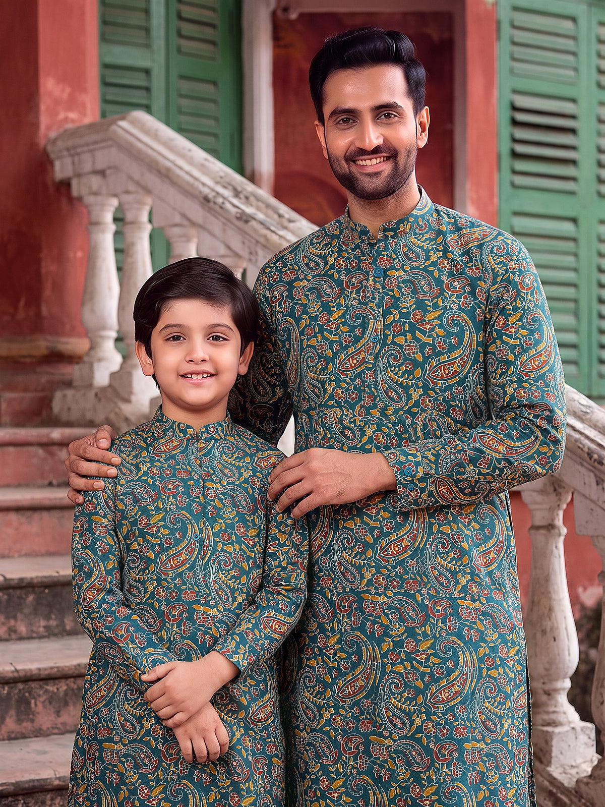 Baap Beta Collection by Gatim teal blue paisley father son kurta set, front