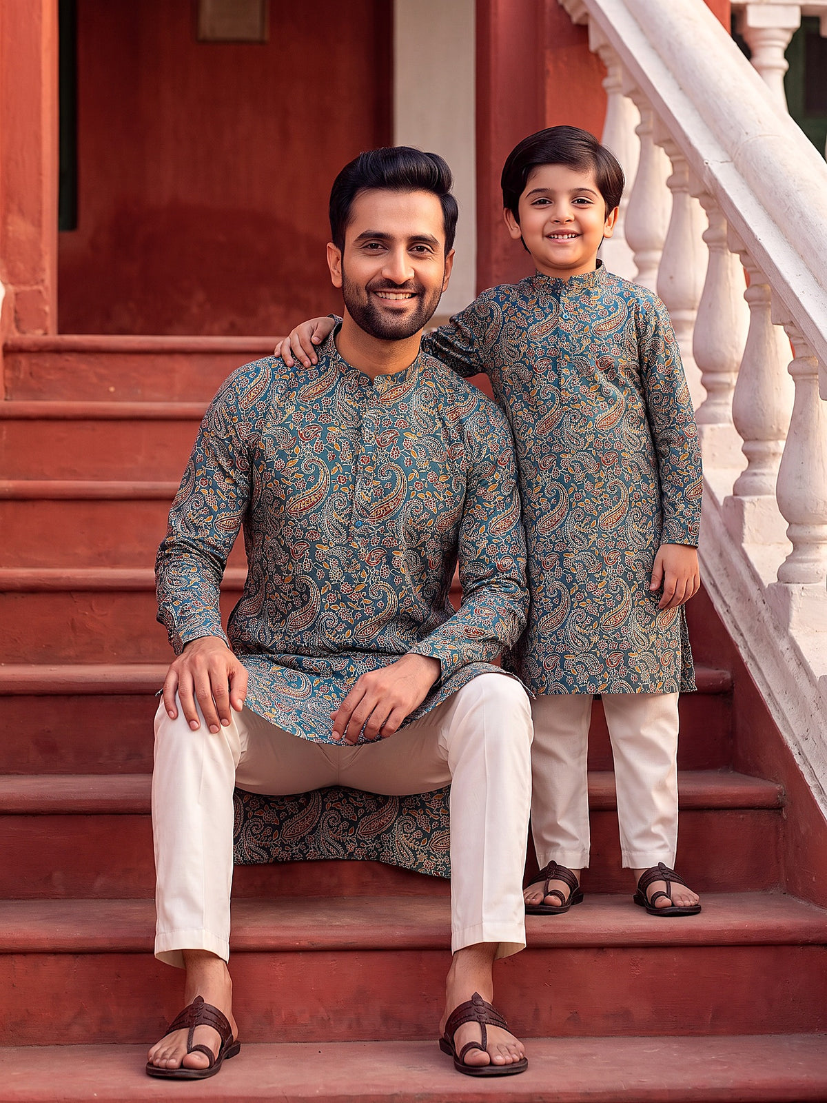 Baap Beta Collection by Gatim teal blue paisley father son kurta set, together
