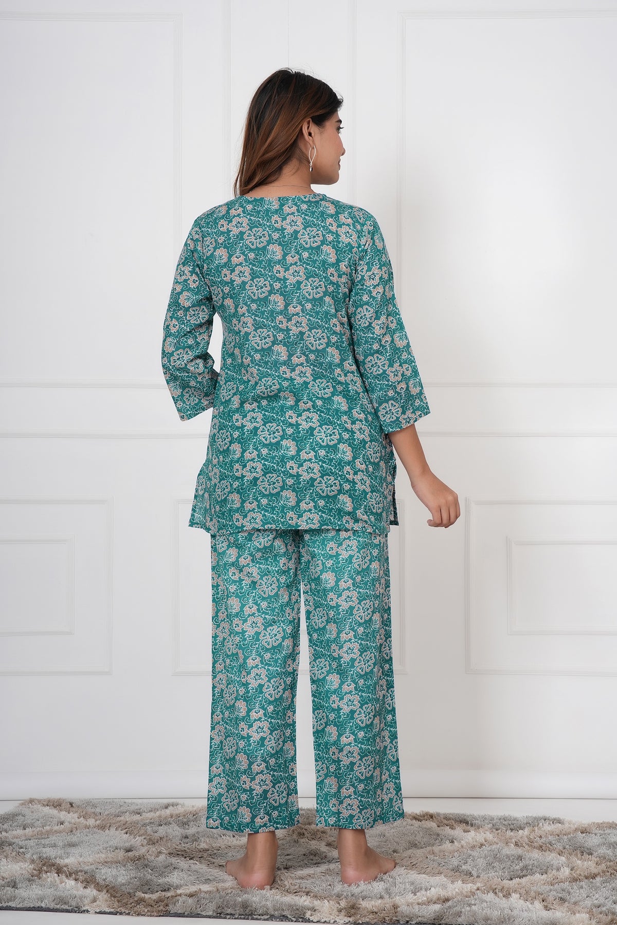 Blossom Floral Printed V-Neck Night Suit Set with Top & Pajama Pants - Green
