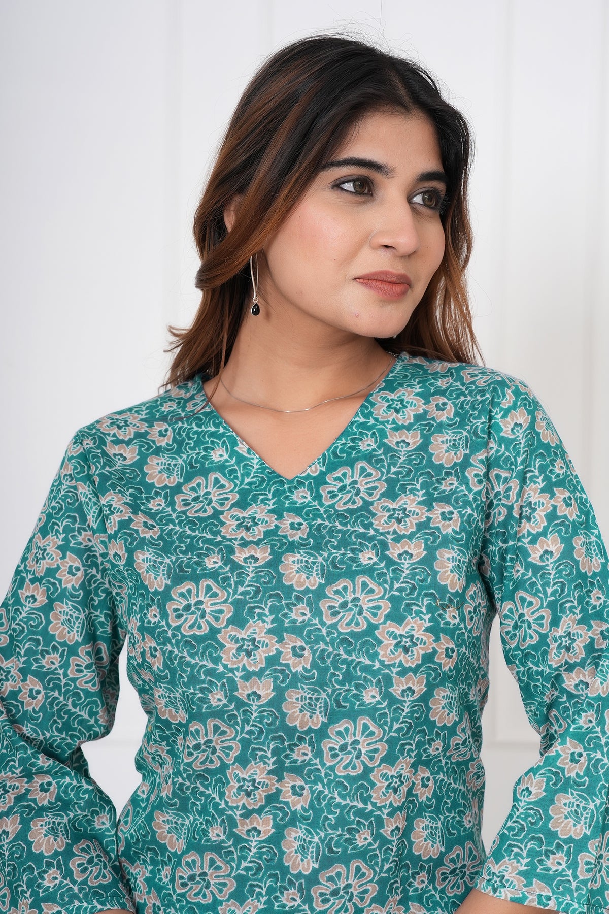 Blossom Floral Printed V-Neck Night Suit Set with Top & Pajama Pants - Green
