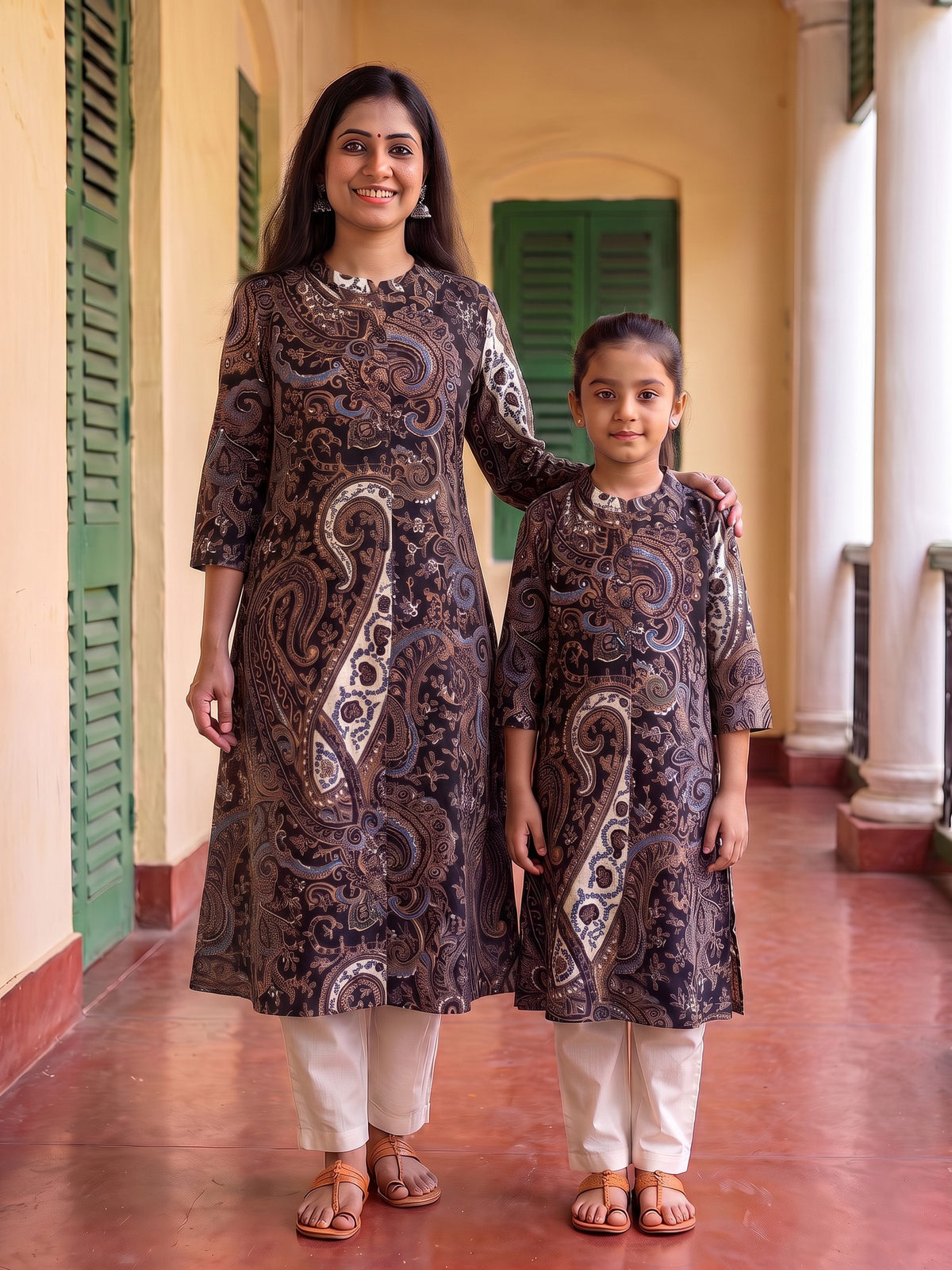 Detailed Traditional Black Paisley Floral Buti Printed Cotton Kurti for Maa - Black