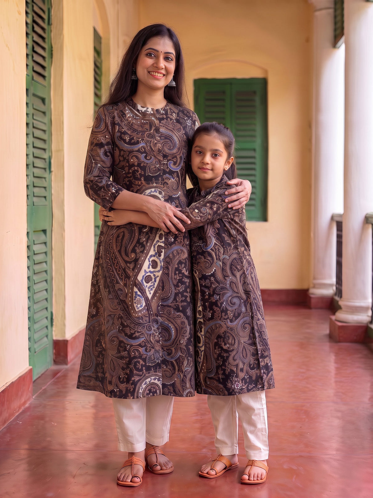 Detailed Traditional Black Paisley Floral Buti Printed Cotton Kurti for Maa - Black