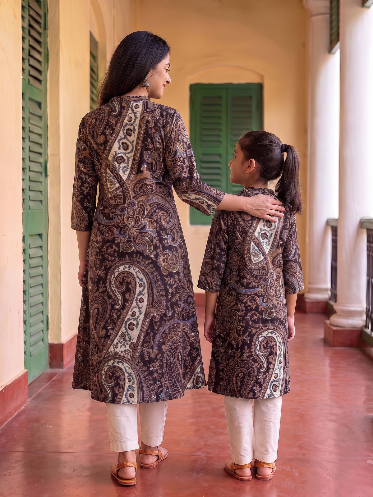 Detailed Traditional Black Paisley Floral Buti Printed Cotton Kurti for Maa - Black