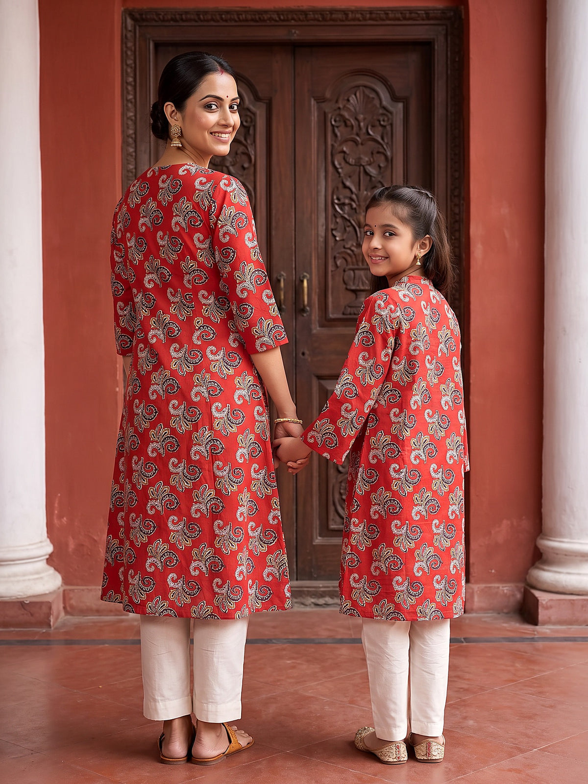 Back view of bold red Maa Beti kurtis