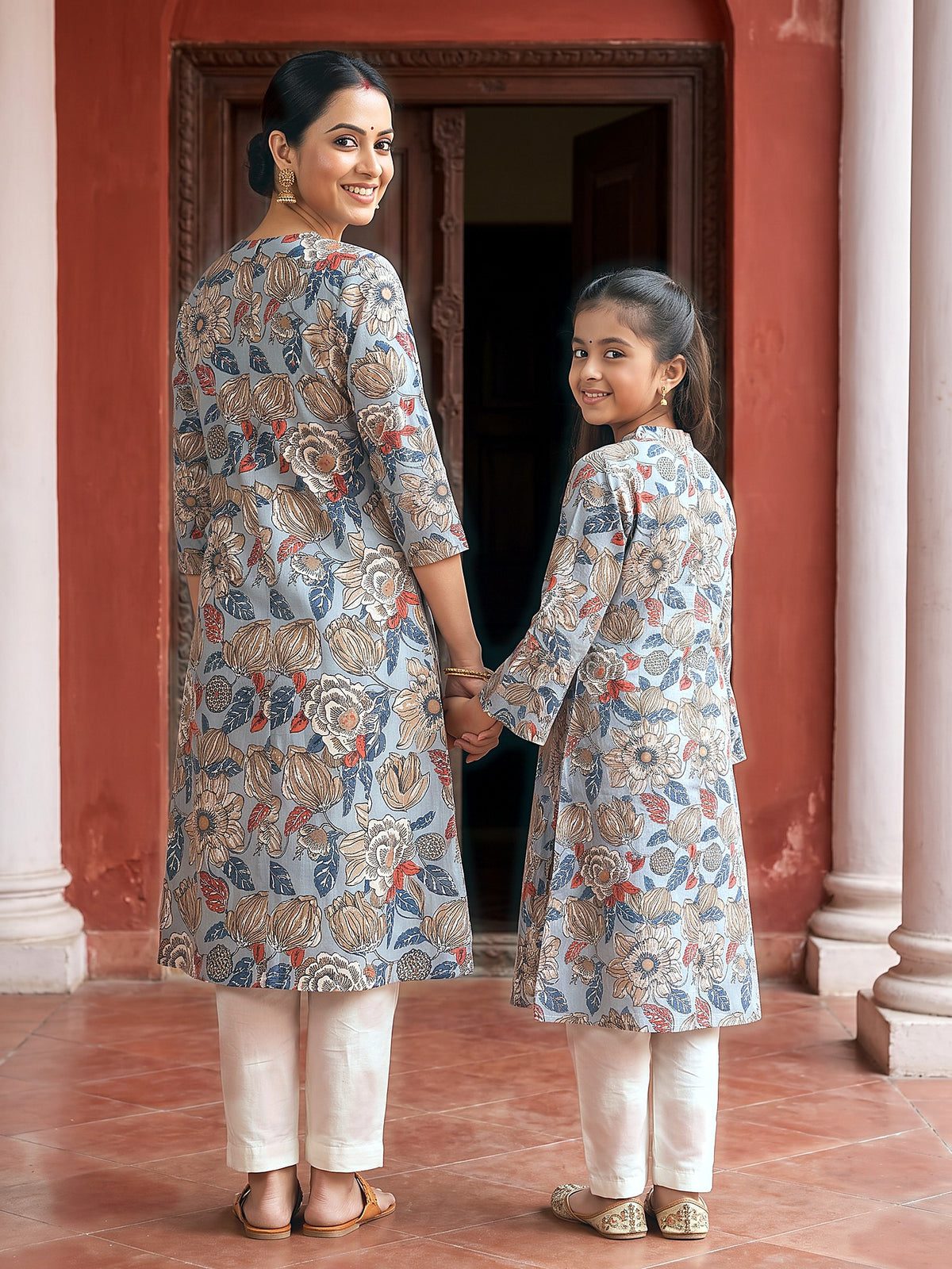 Back view of grey floral Maa Beti kurtis