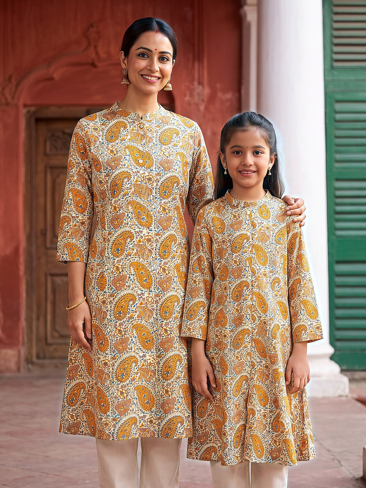 Maa Beti Collection by Gatim mustard yellow paisley mother daughter kurti set, front