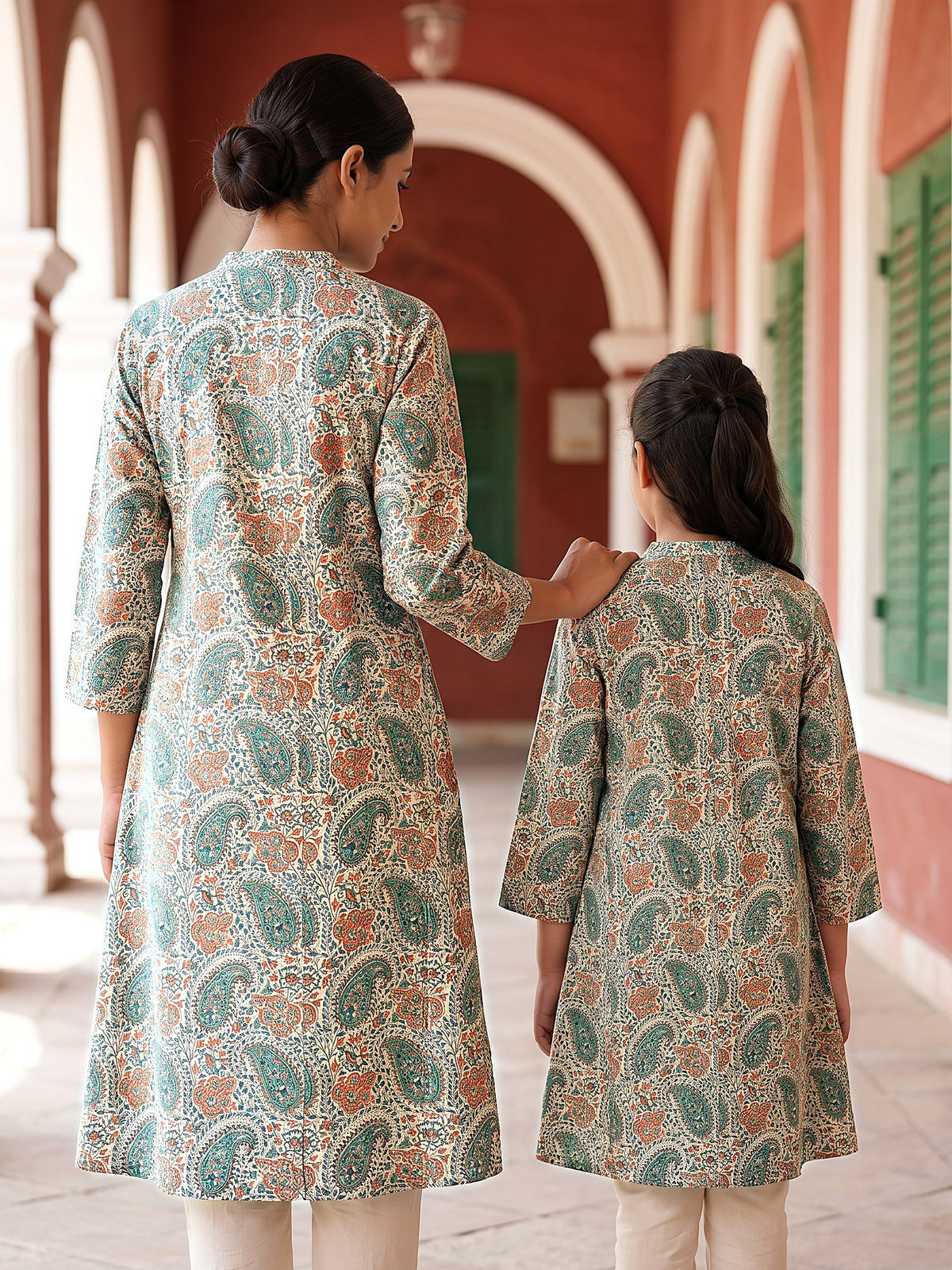 Detailed Traditional Paisley Floral Buti Printed Cotton Kurti for Beti - Green & Off White