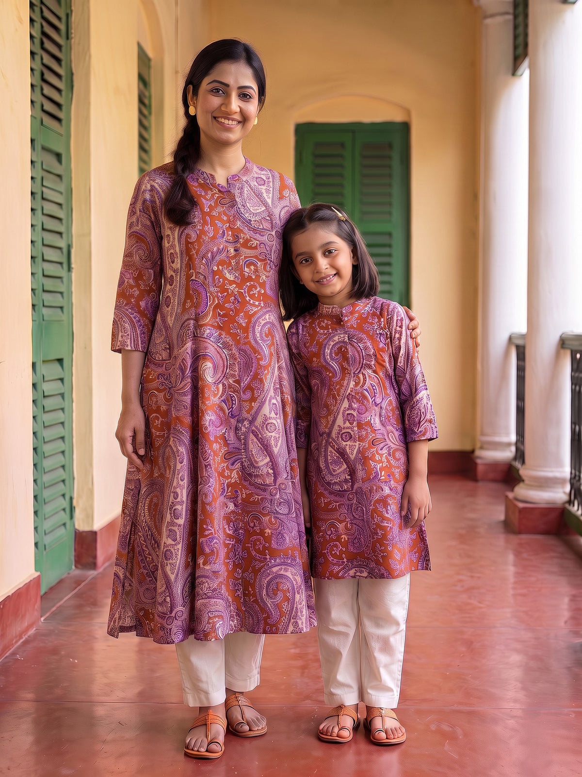 Detailed Traditional Brown Paisley Floral Buti Printed Cotton Kurti for Maa - Brown