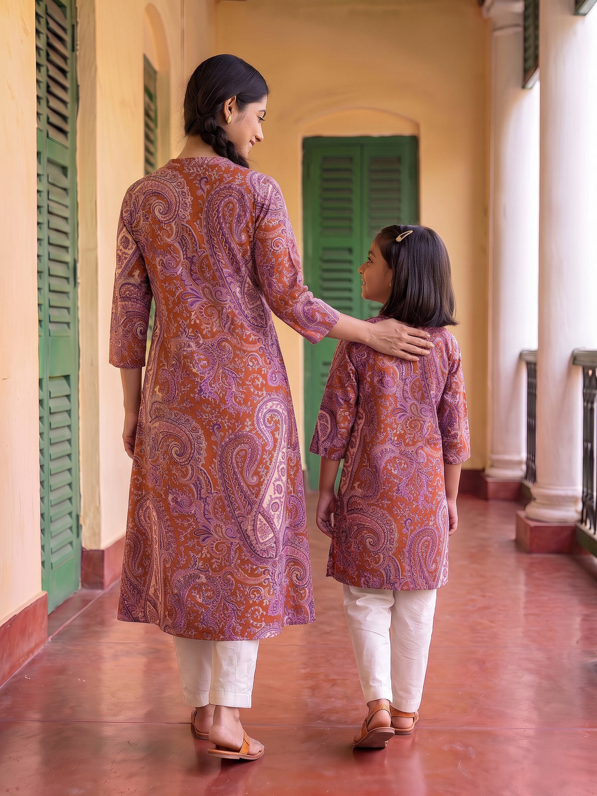 Detailed Traditional Brown Paisley Floral Buti Printed Cotton Kurti for Maa - Brown