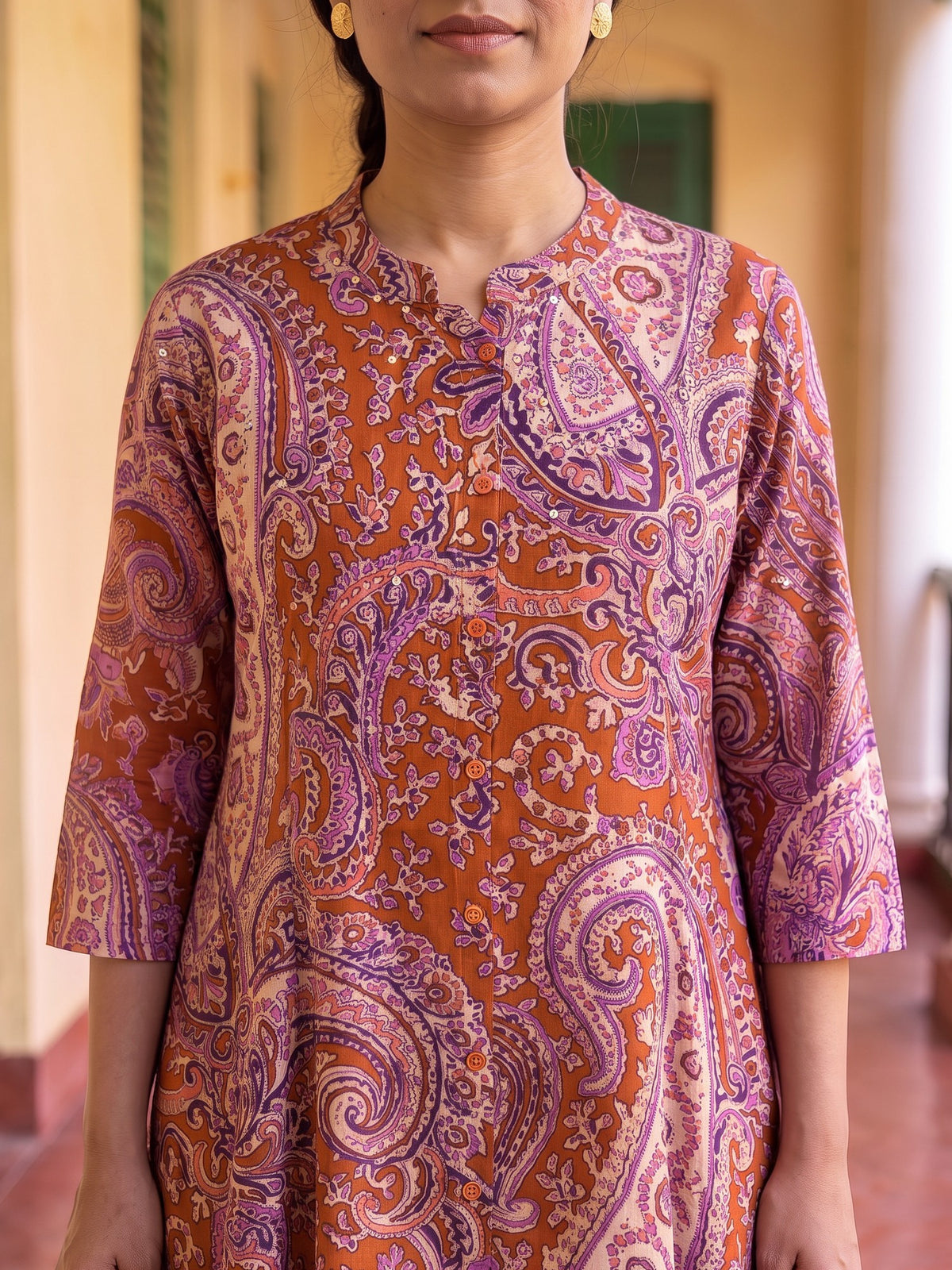 Detailed Traditional Brown Paisley Floral Buti Printed Cotton Kurti for Maa - Brown