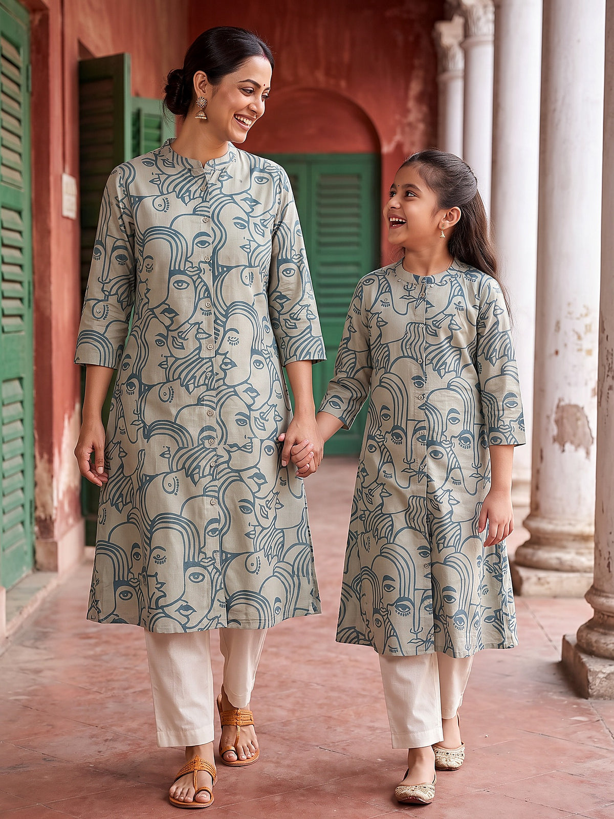 Maa Beti sky blue face art kurtis walking hand in hand