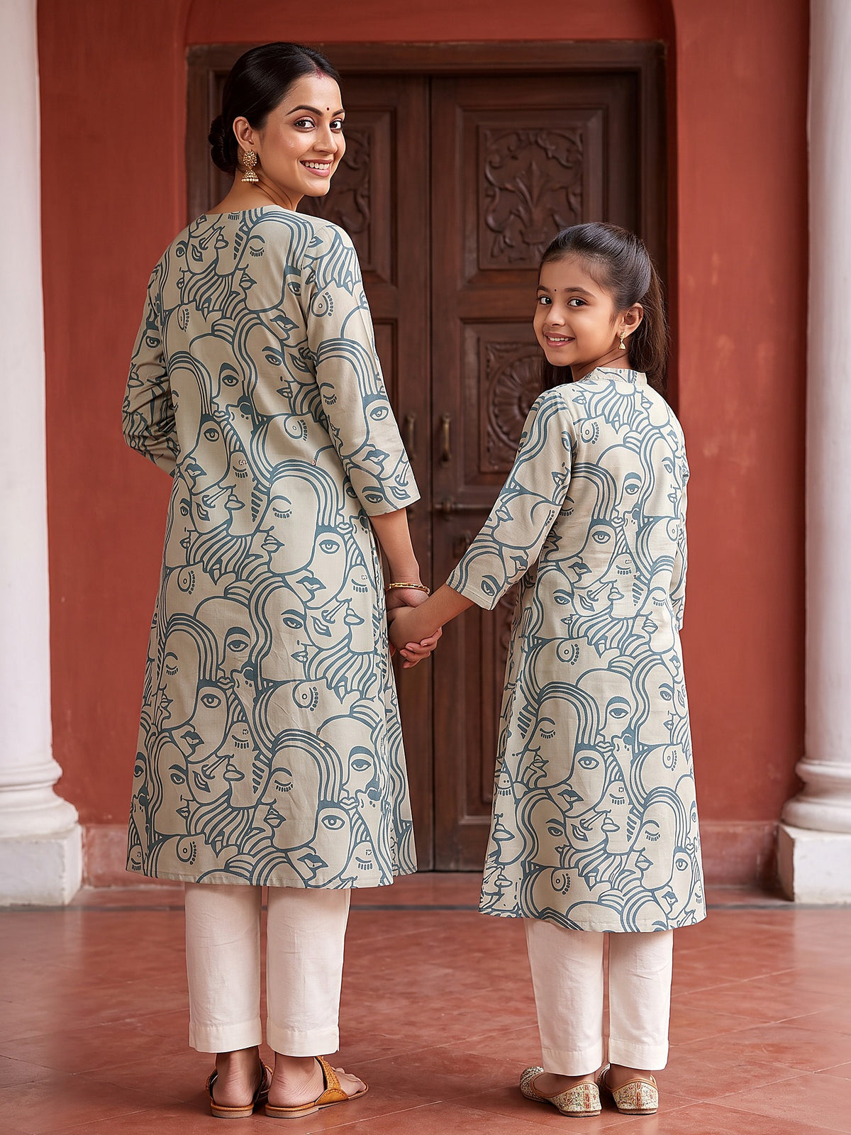 Back view of sky blue face art Maa Beti kurtis