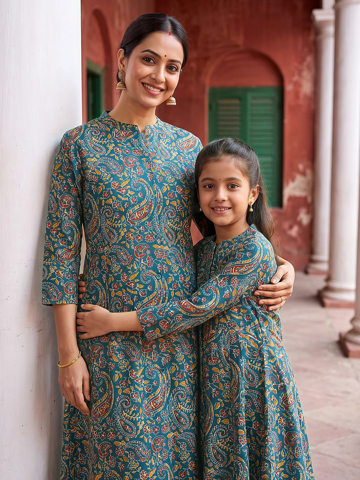 Maa Beti Collection by Gatim teal blue paisley mother daughter kurti set, together